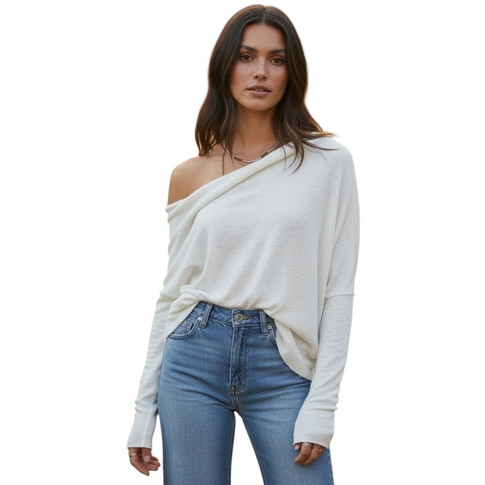 We The Free People White One Shoulder Ribbed Thermal Top Boho Oversized Small